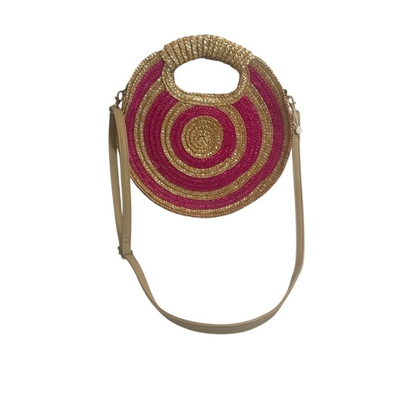 Mud Pie NWT Round Straw Bag with Hot Pink Circles Shoulder Strap and Handles - Picture 1 of 16